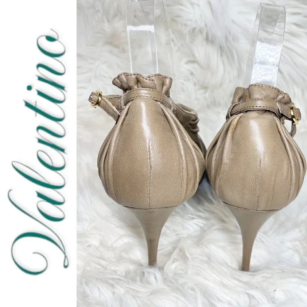 VALENTINO Vintage Taupe Leather Ruffle Accent Open Toe Stiletto Heels, Size 38.5